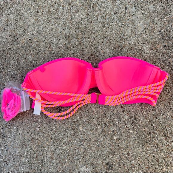 Victoria’s Secret 32A Orange Fuchsia Twist Strap Hot Pink Bandeau Bikini Top - Picture 3 of 5